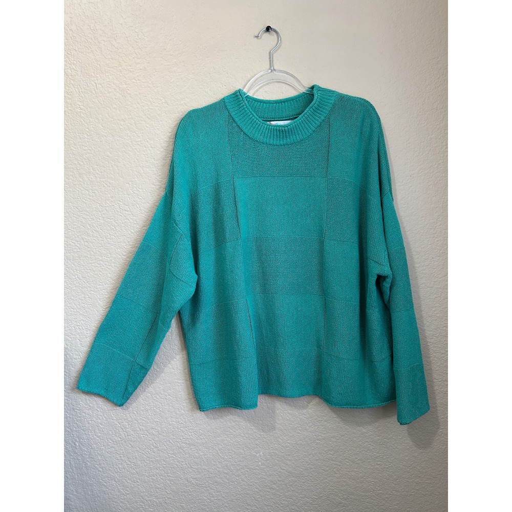 FP Beach Free People Teal Green knit Cotton Checkered Oversized Sweater Medium